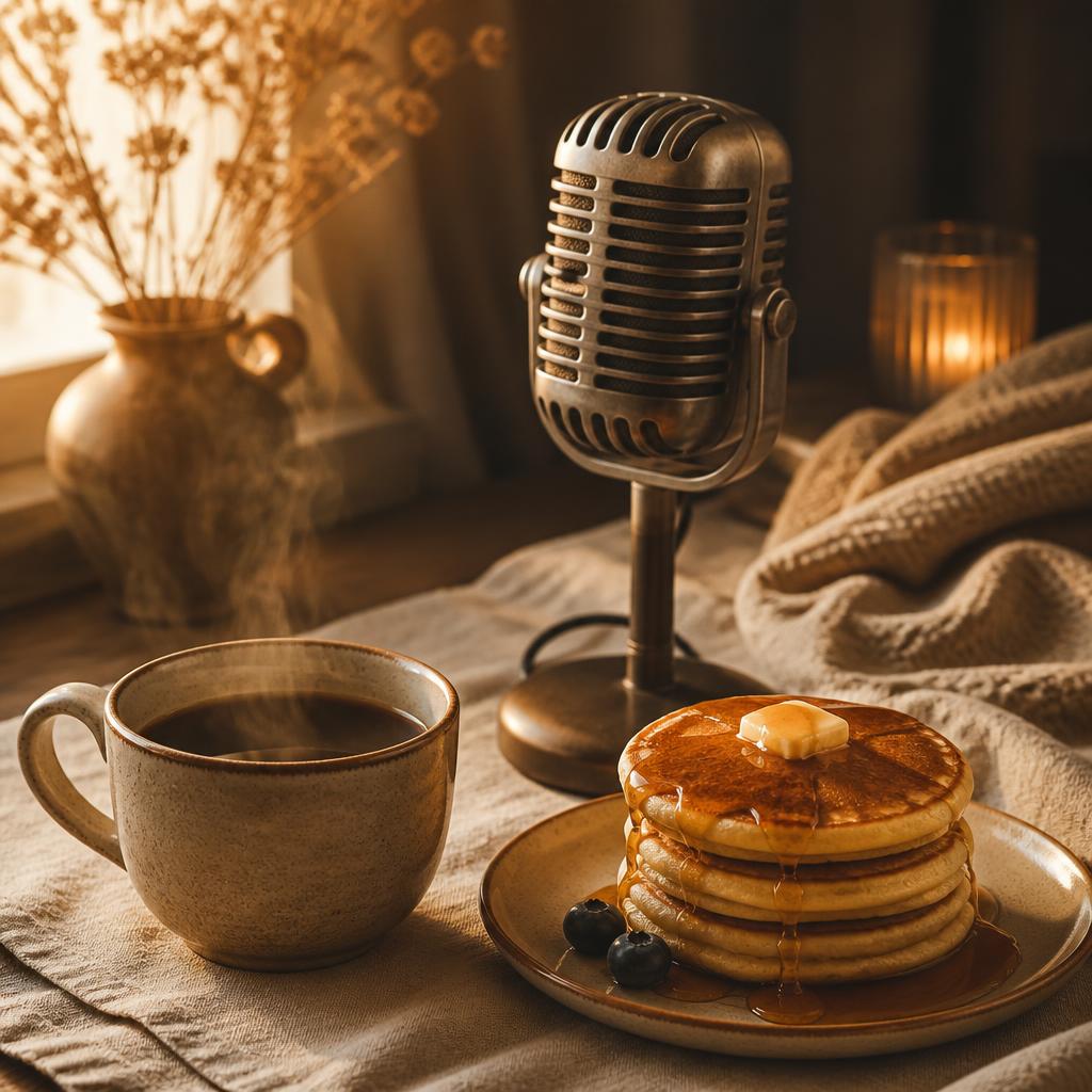A coffee mug and stack of pancakes beside a vintage microphone